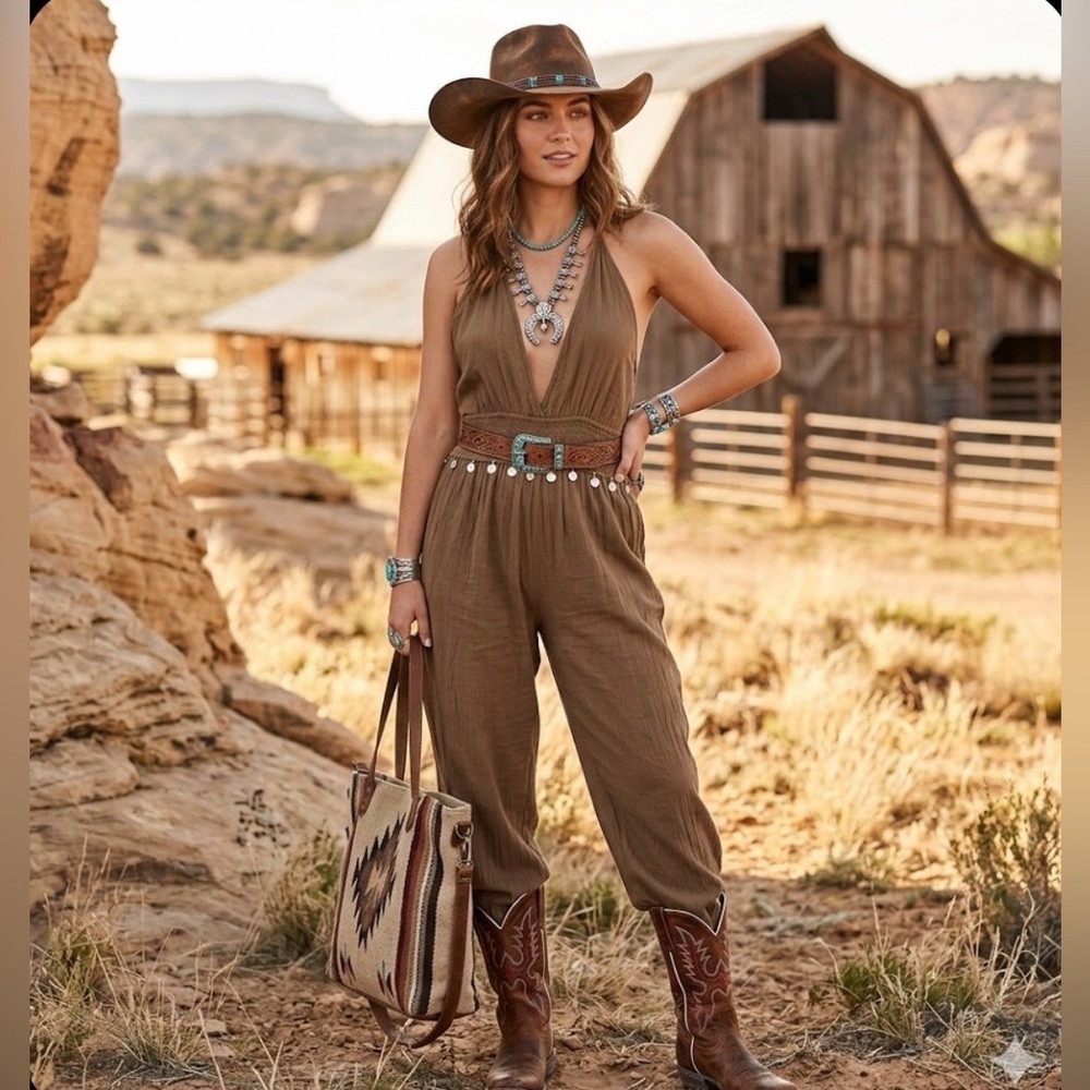 Earthbound Trading Co halter neck, gathered waist, harem leg jumpsuit, olive S